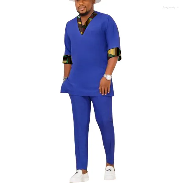 Fatos masculinos nigeriano moda calça define azul real retalhos camisas calças sólidas com decote em v tops masculino ternos de noivo africano