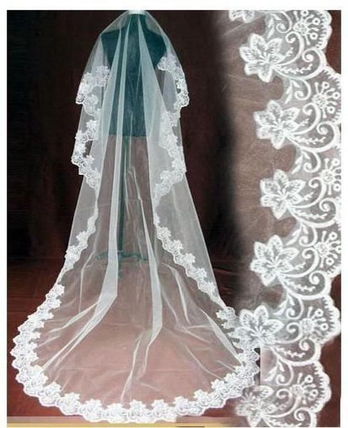 Veli da sposa romantici in pizzo bianco avorio Veli da sposa lunghi in pizzo economici Uno strato di velo da sposa con bordo applicato in pizzo Disponibile6455401