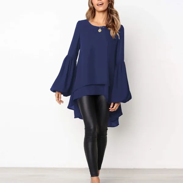 Mulheres camisetas Moda Slim O-pescoço Flare Manga Mulheres Blusa Elegante Cor Sólida Irregular Hem Femininas Long Tops Túnica Assimétrica