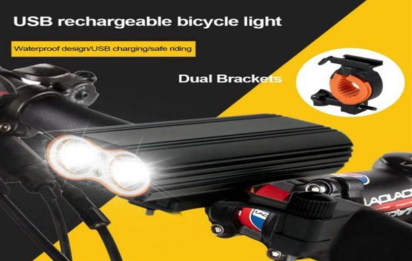 Luci per bicicletta antipioggia 2 T6 LED Lumiere velo USB ricaricabile Lampada a LED Torcia Torcia Ciclismo Sicurezza sportiva Ciclismo Fanale posteriore237F4963708