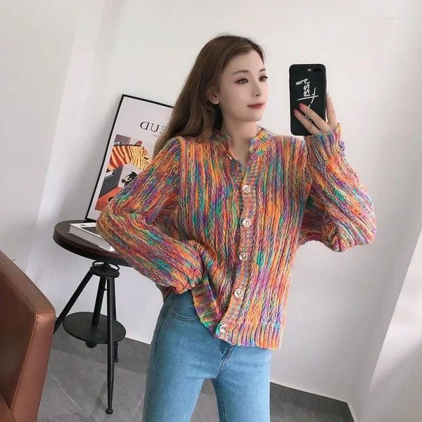 Malhas femininas 2024 moda vintage camisola doce colorido solto cardigan estilo coreano casual casaco de malha diário retro outono roupas fro