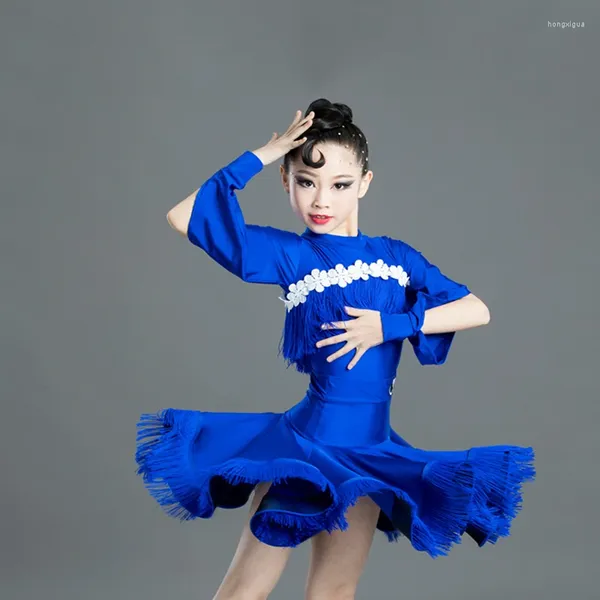 Bühnenkleidung 2024 Latin Dance Kleid für Mädchen Blaue Quasten Kleidung Ballsaal Kinder Salsa Cha Samba Performance Dancewear SL2428