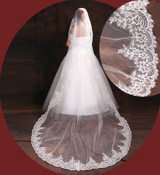 Véus de noiva de luxo baratos, três metros de comprimento, véu de casamento vintage, imagem real, aplique de renda, catedral de cristal 3495895