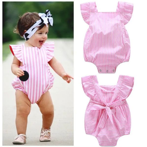 Sommer 0–18 Meter eng anliegende Kleidung für Kinder, rosa Prinzessin, Babykleidung für Mädchen, Kinderoverall, ärmellose gestreifte Kleidung für Neugeborene, Sonnenuntergang 240315