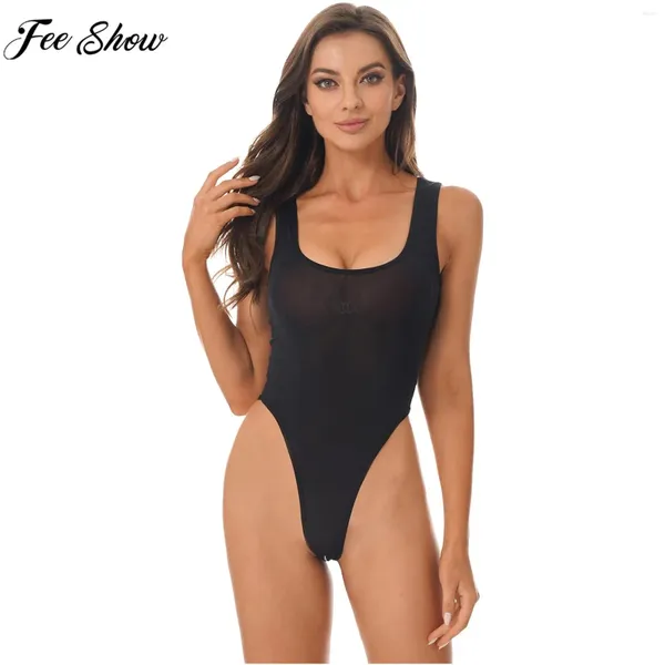 Roupa de banho feminina sexy aberto virilha bodysuit lingerie nightwear sem mangas suave elástico alto corte collant maiô roupa interior