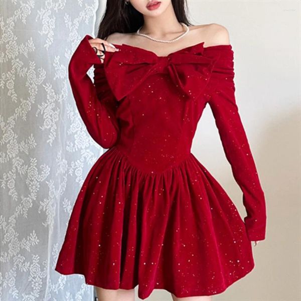 Vestidos casuais natal bowknot ombro veludo vestido plissado para mulheres