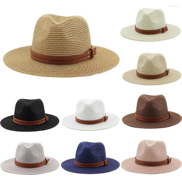 Berets Strohhut mit breiter Krempe, weich geformtes Lederband, Sommer-Fedora, Strand, UV-Schutz, Sonnenkappe, Damen/Herren