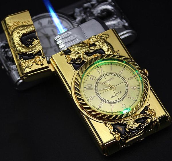 Lussuoso orologio d'oro Jet Accendino Torcia Turbo Accendino a gas Antivento Sigaro Sigaretta Accendino in metallo Led Gonfiato Benzina Butano299n2906505