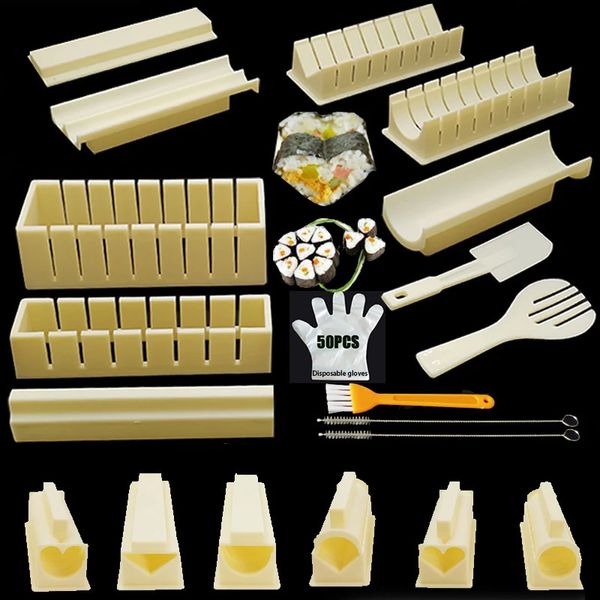 11-teiliges Set HeartRoundSquare Sushi-Werkzeuge Reisform Japanische Kugel-Kuchenform-Hersteller-Pinsel 50-teilige Handschuhe 240304