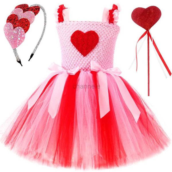 Платья для девочек, платья принцессы на день Святого Валентина для девочек, балетные наряды с сердечками, пачки для детей, костюм для дня рождения, от банта для палочки для волос 240315