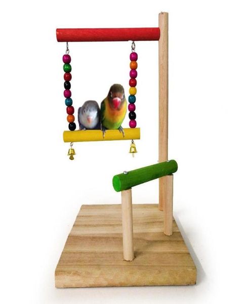 Outros suprimentos de pássaros colorido papagaio de madeira pendurado balanço sino brinquedo poleiro barra contas pet gaiola decoração pássaros jogando plataforma for8807018