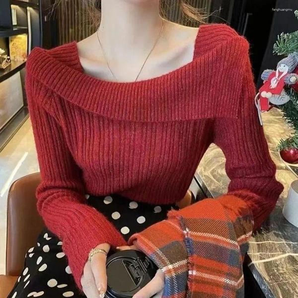 Camicette da donna Top a maniche lunghe da donna Elegante maglione lavorato a maglia con scollo a barca irregolare per un pullover morbido e caldo con vestibilità slim autunno