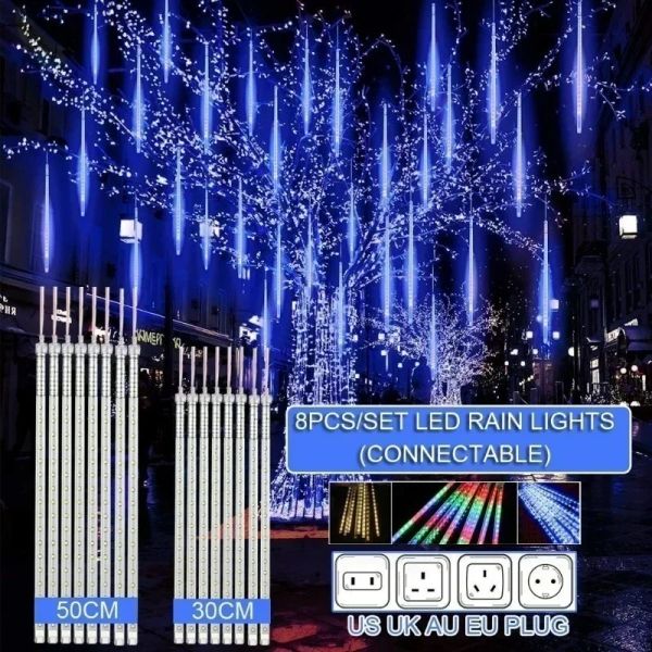 Dekoration 30 cm / 50 cm wasserdichter Meteorschauer-Regen 8-Röhren-LED-Lichterkette für Outdoor-Ferien-Weihnachtsdekorationsbaum EU/US/AU/UK-Stecker