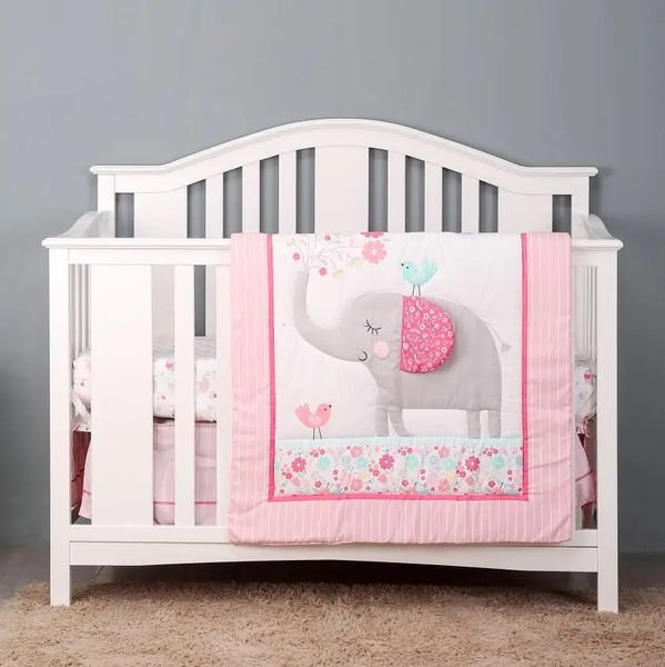 Set biancheria da letto per culla da 3 pezzi elefante rosa con gonna trapuntata per culla 240313