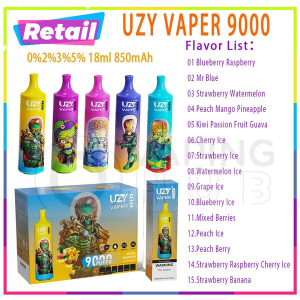 Varejo 100% Original UZY VAPER 9000 Puff E Cigarros 18ml Pod Pré-preenchido 850mAh Bateria 15 Sabores 0% 2% 3% 5% Nível 9K Puffs Vapes Kit