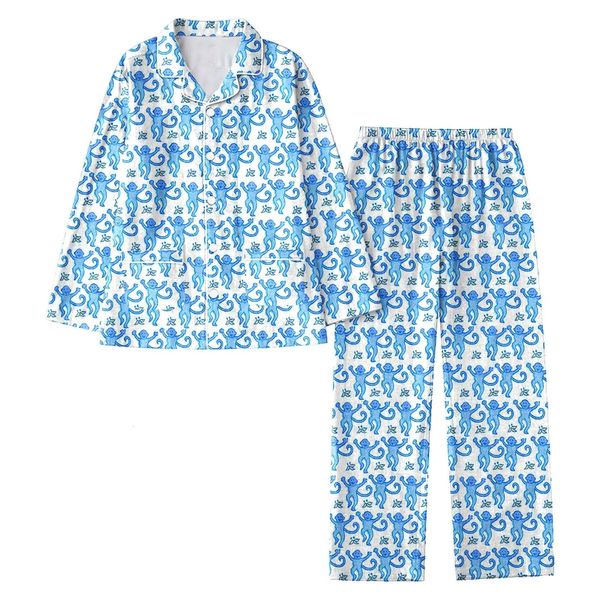 Conjunto de pijama feminino de 2 peças, casual e fofo, estampa de coelho, camisa de manga comprida + calça, conjunto de lapela, pijama feminino 240315