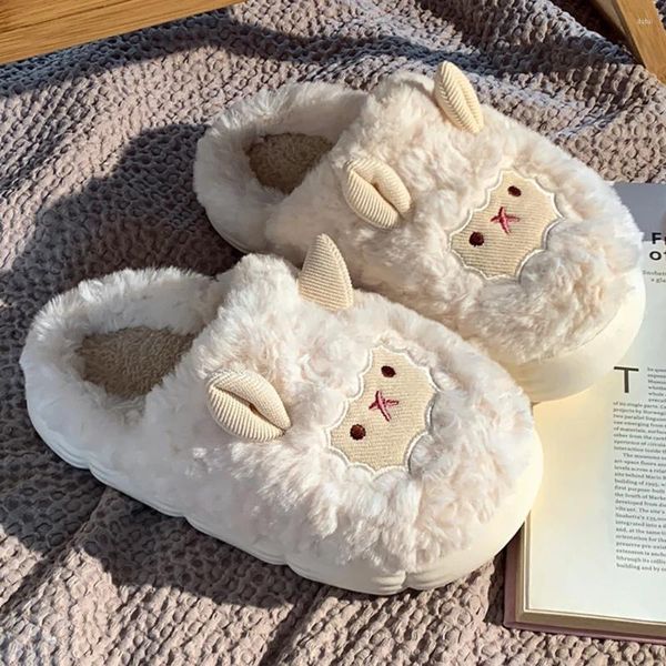 Chinelos Ovelhas Fuzzy Indoor Antiderrapante Pelúcia Fechada Toe Cute Slip-on House Shoes Confortável para Homens Mulheres