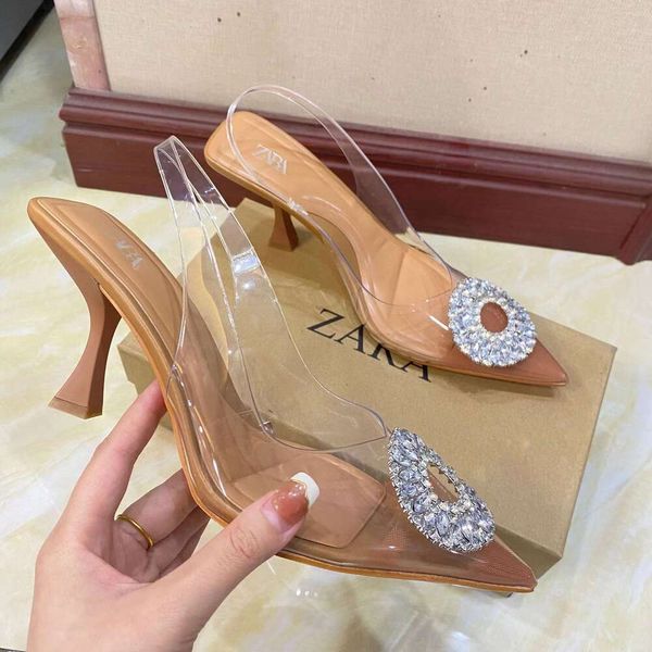 Za salto alto 2023 novo pvc transparente adesivo estilo diamante muller sapatos alça traseira sandálias de moda para mulher