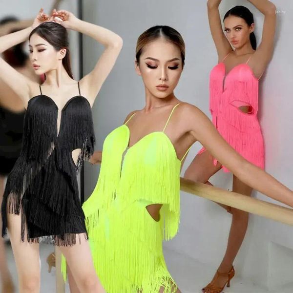 Bühne tragen Latin Dance Kleid Frauen Fluoreszenz Gelb Rosa Fransen Wettbewerb Kleidung Erwachsene Salsa Rumba Kostüm DNV14749