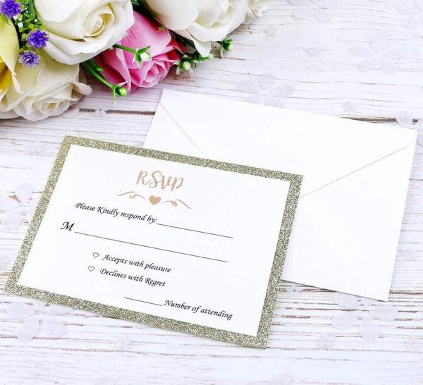 Cartões RSVP elegantes Substrato de papel com glitter dourado champanhe com palavras de impressão Envelopes marfim usam com cartões de convites juntos 9577730