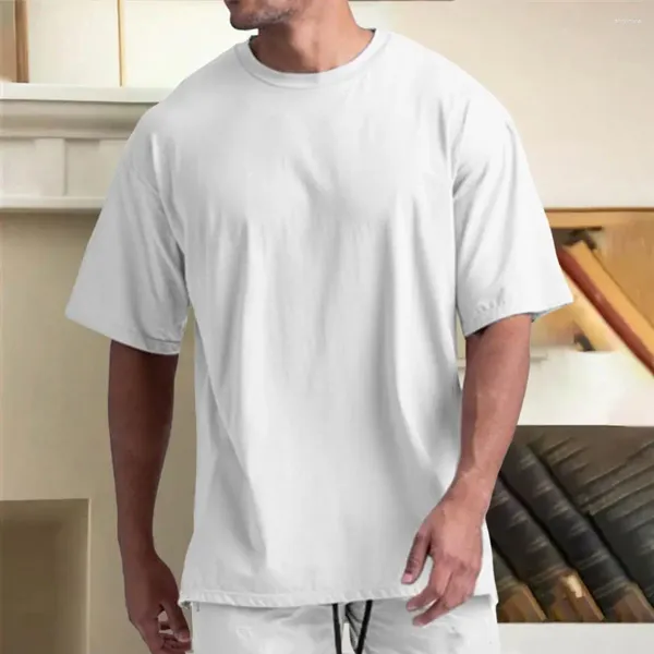 Homens camisetas Homens Loose Fit T-shirt Verão com Pescoço Redondo Macio Tecido Respirável Elegante Design de Hem Dividido para Desgaste