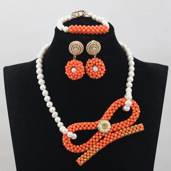 Colar brincos conjunto original laranja coral pingente jóias de casamento elegante pérola de água doce abh021