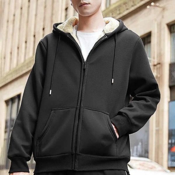 Hoodies masculinos casaco de inverno grosso macio pelúcia com capuz cordão solto zíper fechamento cardigan jaqueta quente