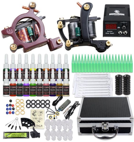 Kit completo per tatuaggi 2 macchinette Alimentatore Aghi monouso Punte Inchiostri Custodia da trasporto D30289605228