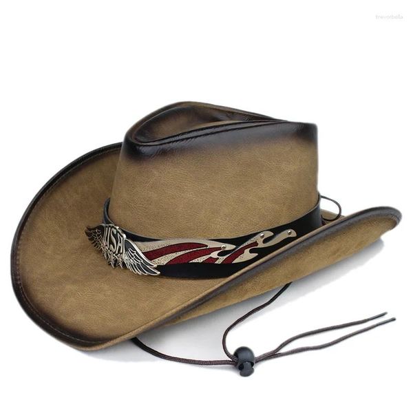 Berretti Retro USA Lettera Ala Cintura in pelle Donna Uomo PU Roll Up Tesa larga Sombrero Berretto da sole Beach Cowboy Cowgirl Cappello occidentale Regolare