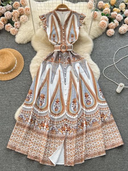 Casual Kleider Vintage Gericht Stil Gedruckt Damen Frühling V-ausschnitt Ärmellose Einreiher Lange Urlaub Party Vestidos Roben