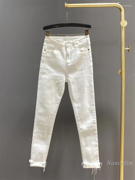 Женские джинсы, белые узкие брюки с высокой талией для женщин, весна 2024, утягивающие эластичные брюки-карандаш длиной до щиколотки, уличные брюки
