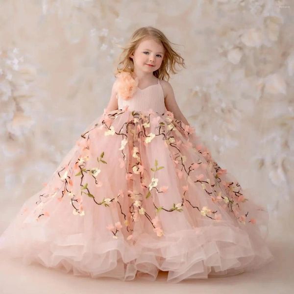 Платья для девочек бальное платье принцессы с цветочной кружевной аппликацией без рукавов Детские платья на день рождения длиной до пола для маленьких девочек