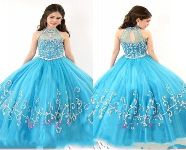 2019 Nova RACHEL ALLAN Meninas Pageant Vestidos Sheer High Neck Frisado Cristal Sem Mangas Vestido de Baile Turquesa Tule Flor Menina Dresse1905895