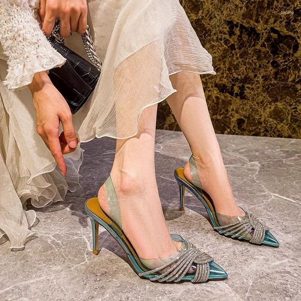 Sandálias 2024 verão apontou transparente strass salto alto mulheres luz azul sapatos de casamento sexy