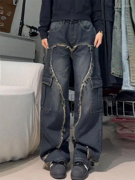 Frauen Jeans Rand Spleißen Design Vintage Straße Cool Girl Hohe Taille Breite Bein Hosen Weibliche Casual Cargo Denim Hosen