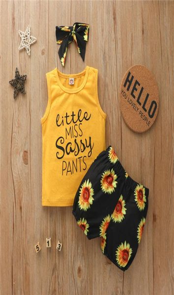 2020 Baby Mädchen Shorts Set mit Haarband Stirnband Haarwickel Tank Weste Sonnenblumen Shorts Zweiteilige Kinderkleidung Sport Freizeitanzug6982338