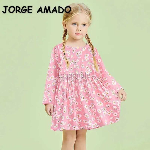 Vestidos da menina estilo coreano nova primavera outono crianças meninas vestido de mangas compridas gola redonda impressa moda casual vestidos diários h8000 240315