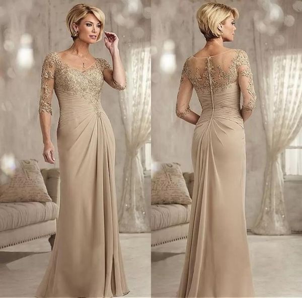 Abiti per la madre della sposa champagne in pizzo con perline Taglie forti Mezze maniche in chiffon Sposo Madrina Abito da sera per matrimonio5994370