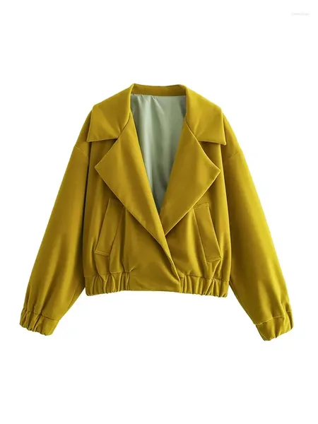 Женские куртки, женские повседневные осенние куртки с длинным рукавом и эластичной резинкой на талии, женская мода 2024 с отложным воротником, желтые весенние шорты