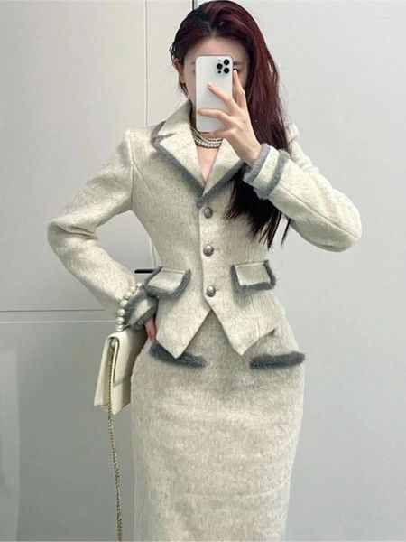 Vestido de duas peças 2024 primavera mulheres saias ternos estilo de negócios vintage fino blazer jaqueta cintura alta bodycon saia 2 peças conjunto elegante