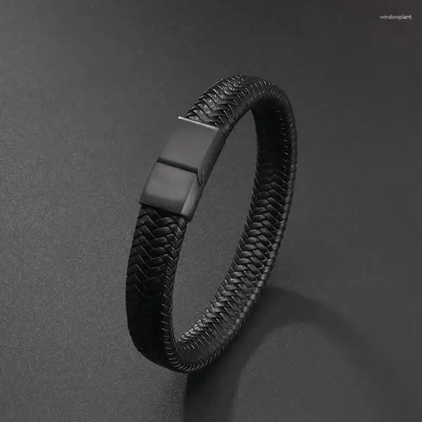 Bracciale rigido classico in pelle nera per uomo, regalo di gioielli a mano bello