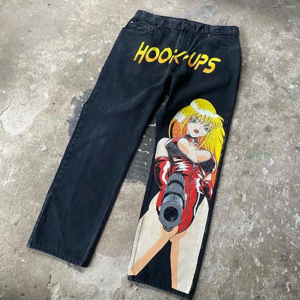 Jeans da donna Harajuku Hip Hop Anime grafica Baggy stampa denim Y2k pantaloni uomo donna Gun Girl Goth pantaloni larghi a vita alta