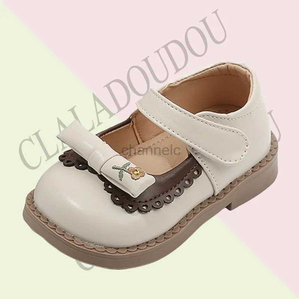Primeiros caminhantes sapatos de couro Claladoudou Enfant com sólido bege-marrom macio primavera sapatos bonito gravata borboleta meninas crianças sapatos 240315