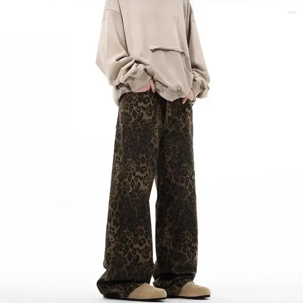 Pantaloni da uomo Jeans originali americani retrò con stampa leopardata Gamba dritta Pantaloni larghi da uomo Stile coreano Moda di nicchia Casual Versatile Alla moda