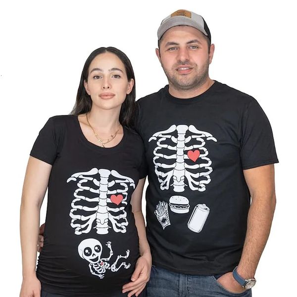 Maternità Halloween Scheletro T-shirt Coppia X-ray Bambino Gravidanza Tee Uomo Hamburger Cibo Divertente Annuncio di gravidanza Y2k Vestiti 240312