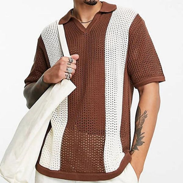 Мужские поло, вязаное крючком поло в широкую полоску коричневого цвета, тонкий полый вязаный свитер с цветными блоками, повседневная пуловерная рубашка