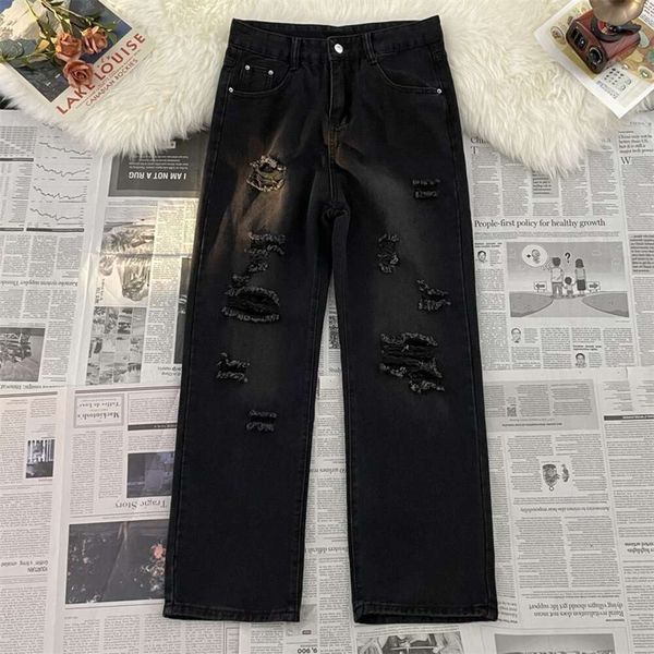 Jeans perfurados American High Street Ruffian Calças bonitas para homens, Instagram Trend Loose Straight Wide Leg Calças masculinas, estilos primavera e outono