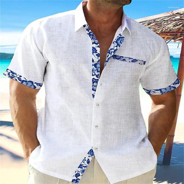 Camicie casual da uomo Moda estiva Camicia di lino hawaiana Stampa di pizzo Tasca da spiaggia Manica corta Giacca di grandi dimensioni T-shirt da 7 colori