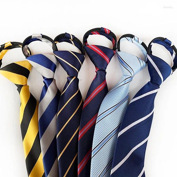 Fliege gestreift für Männer, vorgebundene Krawatten mit Reißverschluss, 8 cm, schmale Business-Krawatte aus Seide, Marineblau, gelber Hals, Hochzeit, Party, Krawatte