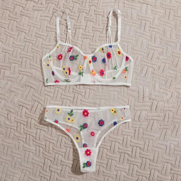 Conjuntos de sutiãs mulheres malha lingerie bordado floral transparente ajustável sutiã e calcinha conjunto ultrafino ver através do traje erótico